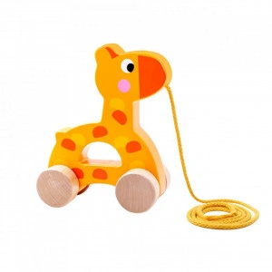 Jucarie educativa de tras din lemn masiv NOVOKIDS™ My first Tiny Giraffe, Cu roti, Motricitate , Cu sfoara de tractare, Materiale Eco, Galben