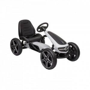 Kart cu pedale pentru copii NOVOKIDS® Mercedes Benz Kart PRO, Cu claxon si melodii, Carena, Structura metalica, Frana de mana, Functie FreeWheel, Scaun Ajustabil, Mers cu spatele, Alb