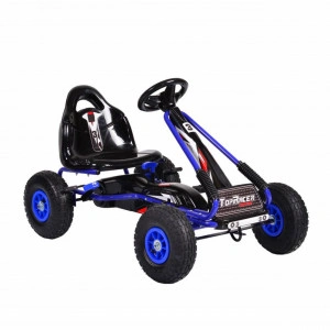 Kart cu pedale pentru copii NOVOKIDS® Top Racer PRO, Roti gomflabile din cauciuc, 3-7 ani , Maxim 25 kg, Structura metalica, Frana de mana, Functie FreeWheel, Scaun Ajustabil, Mers cu spatele, Albastru