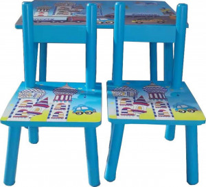 Masuta-copii-din-MDF-cu-doua-scaune-Novokids-My-first-table-Dimensiuni-59X39X40-Suprafata-lucioasa-Model-masinute-Albastru