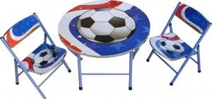 Masuta pliabila pentru copii din MDF Novokids™ Round folding table, Cu doua scaune pliabile, Diametru 60 cm, 2 niveluri de inaltime, Suprafata lucioasa, Model minge de fotbal, Albastru