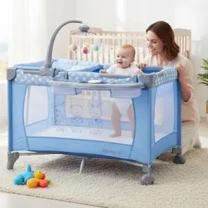 Patut-Pliabil-si-Tarc-copii-Baby-Care-PRO-FMAT-2-Niveluri-de-inaltime-Cu-melodii-si-Masa-infasat-Carusel-cu-jucarii-din-plus-Plasa-insecte-Albastru-3