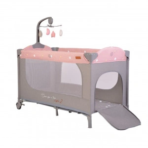 Patut pliant transformabil in tarc copii NOVOKIDS™ Onceuponatime NEST, 62X125 cm, 2 Niveluri, Jucarie Carusel muzical, Fermoar acces lateral, Roz cu Gri