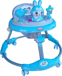 Premergator reglabil in 6 trepte de inaltime NOVOKIDS™ Happy Bunny, Cu melodii si lumini, Pliabil, Max 20 kg, Roti silentioase, Model Iepuras, Albastru