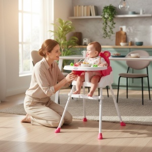 Scaun de masa 3 in 1 pentru copii si bebe NOVOKIDS™ Teddy Bear ,transformabil in scaunel copii, functie inaltator scaun, 2 trepte de inaltime, sezut comfortabil, masuta detasabila, model Ursulet, Roz - Img 2