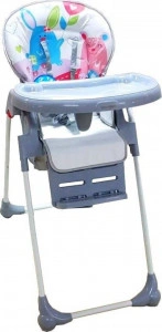 Scaun de masa pentru copii si bebe Baby Care™ CC reglabil in 3 trepte,pliabil, centura de siguranta, sezut comfortabil, masuta detasabila, pozitie somn, cosulet de depozitare, model Happy Friends, Gri