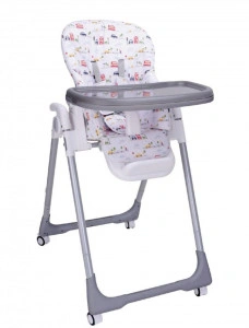 Scaun de masa pentru copii si bebe NOVOKIDS™ Go baby reglabil in 6 trepte de inaltime , Pliabil , Centura de siguranta, Sezut comfortabil, Masuta detasabila, Pozitie somn, Roti cu frana, Model Masinute, Gri
