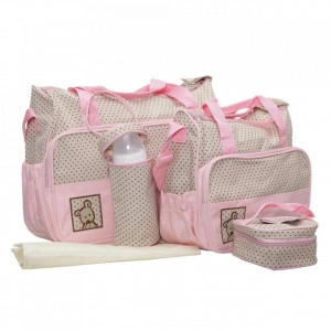 Set 3 genti bebe NOVOKIDS™ Mastella atasabile la carucior, Capacitate mare, Geanta termos biberoane inclusa, dimensiune 39X35X10 cm, Roz si Crem