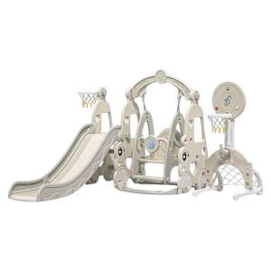 Tobogan 6 in 1 Pentru Copii NOVOKIDS™ Wonder Plus Moon Slide, Cu Leagan si poarta fotbal, Pentru Interior si Exterior, 187 centimetri panta alunecare, Maxim 25 Kg, 2 cosuri de baschet incluse, Gri