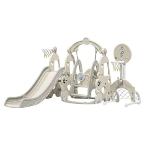 Tobogan 6 in 1 Pentru Copii NOVOKIDS™ Wonder Plus Moon Slide, Cu Leagan si poarta fotbal, Pentru Interior si Exterior, 187 centimetri panta alunecare, Maxim 25 Kg, 2 cosuri de baschet incluse, Gri
