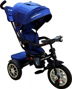 Tricicleta cu copertina Baby Care™ Turbo Bike , cu far luminos, roti din cauciuc, pozitie somn, pedale si maner pentru parinti, scaun reversibil cu invartire 360 grade , cadru metalic, dimensiuni 110X45X90 cm, Albastru