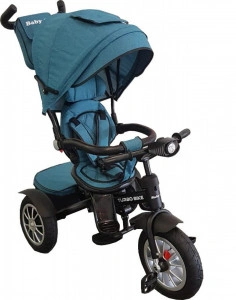 Tricicleta cu copertina Baby Care™ Turbo Bike , Cu melodii si lumini, Roti din cauciuc, Pozitie somn, Scaun reversibil cu rotatie 360 grade , Cadru metalic, Dimensiuni 110X60X90 cm, Albastru Turquoise