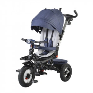 Tricicleta cu copertina detasabila NOVOKIDS™ Jockey Trike , Cu far luminos si melodii, Roti gonflabile din cauciuc, Pozitie somn, Pedale si maner pentru parinti, Scaun reversibil cu rotire 360 grade , Cadru metalic, dimensiuni 120X54X100 cm, Albastru
