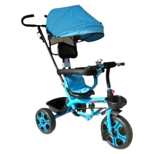 Tricicleta cu copertina detasabila NOVOKIDS™ My first Trike, Roti din spuma cauciucata, Maner de ghidaj pentru parinti, Cadru metalic, Dimensiuni 100X45X90 cm, Albastru