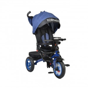 Tricicleta cu copertina Novokids™ Tornado , Cu melodii si lumini, Roti gonflabile din cauciuc, Pozitie somn, Scaun reversibil cu rotire 360 grade , Cadru metalic, Dimensiuni 110X60X90 cm, Albastru