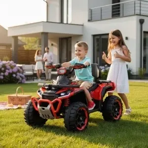 Copil plimbandu-se cu ATV-ul electric NOVOKIDS™ MonsterQUAD PRO rosu in parc, vehicul electric pentru copii cu design sportiv si roti mari pentru distractie in aer liber