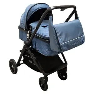 carucior Baby Care X2S landou albastru cu geanta accesorie montata pe maner vedere din spate