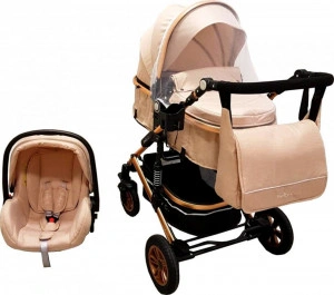 Carucior nou nascuti 3 in 1 Baby Care™ PRO 531 , Cu geanta Bebe inclusa, Cadru Aluminiu Gold, Amortizoare, Roti din cauciuc plin AVE, Landou, Scoica auto, Spatar reglabil 3 trepte, Plasa insecte, Crem