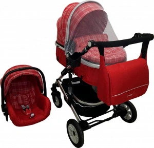 Carucior nou nascuti 3 in 1 Baby Care™ PRO 531 , geanta Bebe, Cadru Aluminiu, Amortizoare, Roti din cauciuc plin AVE, Landou, Scoica auto, Spatar reglabil 3 trepte, Plasa insecte, Rosu cu carouri