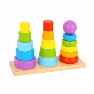 Jucarie educativa sortatoare din lemn masiv NOVOKIDS™ Wooden Towers, 3 in 1, Cu forme geometrice, Materiale Eco, Multicolor