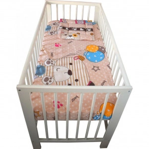 Lenjerie Patut Bebe NOVOKIDS™ din BUMBAC 100% , 3 Piese, Dimensiune Universala, PILOTA INCLUSA, Model Ursulet Baloane, Multicolor