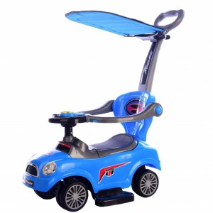 Masinuta copii si bebe NOVOKIDS™ MegaCar Plus ,Cu melodii ,Maner de impins pentru parinti detasabil, Copertina de protectie detasabila, Functie trotineta fara pedale, Pentru interior si exterior, Albastru