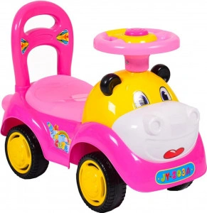 Masinuta cu functie de trotineta fara pedale NOVOKIDS™ Super Hipo Car , Cu melodii si sunete, maxim 25 kg , Pentru interior si exterior, Model Hipopotam, Roz