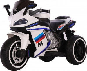 Motocicleta Electrica cu Acumulator Pentru Copii NOVOKIDS™ Legend Premium Motor, 12 Volti, 3-6 ani, max 30 kg, Cu Melodii si Lumini Frontale, 3 Roti, Alb