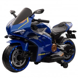 Motocicleta Electrica cu Acumulator Pentru Copii NOVOKIDS™ Super Rider GP ,12V ,3-7 ani ,max 30 kg , Cu Sunete si Lumini LED ,USB si Bluetooth ,Roti ajutatoare, Albastru