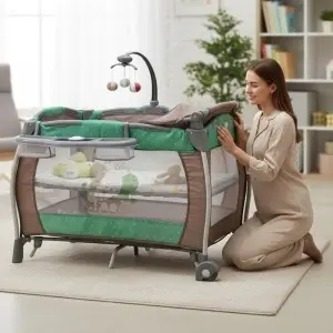Patut-Pliabil-rotund-cu-balansoar-Tarc-copii-Baby-Care-PRO-FRW-2-Niveluri-de-inaltime-Cu-melodii-si-Masa-infasat-Carusel-cu-jucarii-din-plus-Plasa-insecte-Maron-cu-Verde-3