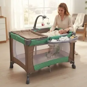 Patut-Pliabil-si-Tarc-copii-Baby-Care-PRO-FMAT-2-Niveluri-de-inaltime-Cu-melodii-si-Masa-infasat-Carusel-cu-jucarii-din-plus-Plasa-insecte-Maron-cu-Verde-3