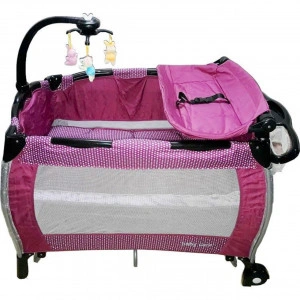 Patut Pliant rotund cu balansoar, Tarc copii Baby Care™ ROUND NEST, Pliabil pe 2 Niveluri cu muzica si Masa infasat, Jucarie Carusel cu jucarii din plus, geanta transport inclusa, Fucsia