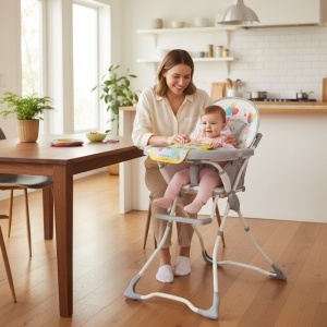 Scaun de masa pentru copii si bebe Baby Care™ CH ,Pliabil, Centura de siguranta, Sezut comfortabil, Masuta detasabila, Model Elefanti , Gri