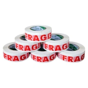 Set 6 benzi adezive HouseXL FRAGILE 50mmx200m, 200 metri, Diametru total 14 cm, Diametru gol 7.5 cm, Latime 5 cm, Alb cu Rosu