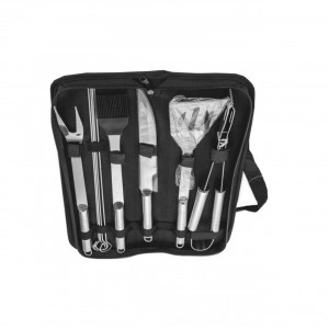 Set 9 ustensile gratar din inox HouseXL BBQ, Cu geanta transport inclusa, Cleste, Spatula, Furculita, Cutit, Perie gratar si Frigarui