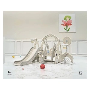 Tobogan 6 in 1 Pentru Copii NOVOKIDS™ Wonder Plus Moon Slide, Cu Leagan si poarta fotbal, Pentru Interior si Exterior, 187 centimetri panta alunecare, Maxim 25 Kg, 2 cosuri de baschet incluse, Gri - Img 2