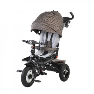 Tricicleta cu copertina detasabila NOVOKIDS™ Jockey Trike , Cu far luminos si melodii, Roti gonflabile din cauciuc, Pozitie somn, Pedale si maner pentru parinti, Scaun reversibil cu rotire 360 grade , Cadru metalic, dimensiuni 120X54X100 cm, Beige