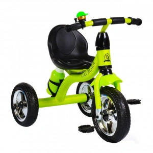 Tricicleta cu pedale NOVOKIDS™ Chavalier ,Cu sonerie si sticla de apa, max 20 kg, Roti din spuma cauciucata EVA, Cadru metalic, Dimensiuni 75X54X46 cm, Verde