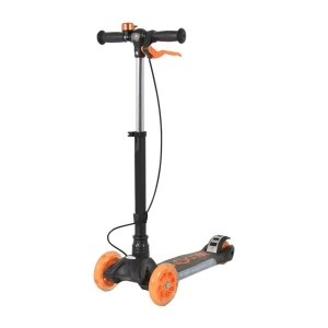 Trotineta copii cu roti luminoase din silicon NOVOKIDS™ Toy Cube, Cu melodii si lumini, 3 roti, Pliabila, Maner reglabil pe inaltime, Max 50 kg, Sistem frana Easy Break, Far luminos in fata, Design modern, Negru cu Portocaliu