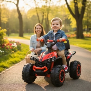 Copil plimbandu-se cu ATV-ul electric NOVOKIDS™ Mini Monster rosu in parc, vehicul electric pentru copii cu design sportiv si roti mari pentru distractie in aer liber