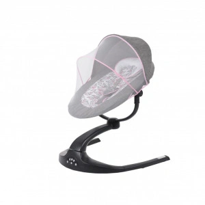 Balansoar Pentru Bebelusi cu conectare la priza si telecomanda NOVOKIDS Meyra Swing, Cu plasa insecte, Multifunctional, Pliabil, 5 viteze de leganare, Timer , 12 Melodii, Leagan electric, Rotatie 360 grade , Gri cu Roz