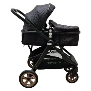 landou carucior Baby Care X2S negru vedere laterala cu copertina extinsa si roti maro