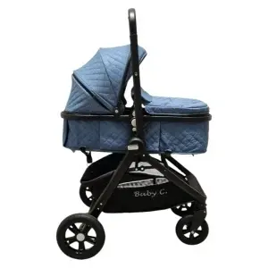 landou carucior Baby Care X2S albastru vedere laterala cu copertina extinsa si roti negre si maner reversibil