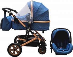Carucior nou nascuti 3 in 1 Baby Care™ PRO 530, Cu geanta bebe, Cadru Aluminiu , Amortizoare, Roti din cauciuc plin AVE, Landou, Scoica auto, Spatar reglabil 3 trepte, Plasa insecte, Bleumarin