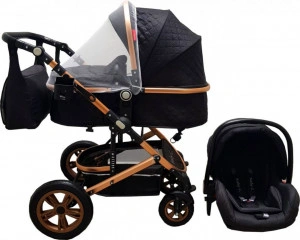 Carucior nou nascuti 3 in 1 Baby Care™ PRO 530 ,Cu geanta bebe, Cadru Aluminiu Gold, Amortizoare, Roti din cauciuc plin AVE, Landou, Scoica auto, Spatar reglabil 3 trepte, Plasa insecte, Negru
