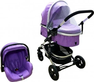Carucior nou nascuti 3 in 1 Baby Care™ PRO 531 , Cadru Aluminiu, Amortizoare, Roti din cauciuc plin AVE, Landou, Scoica auto, Spatar reglabil 3 trepte, Plasa insecte, Mov