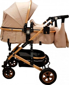 Carucior-nou-nascuti-3-in-1-Baby-Care-PRO-531-Cu-geanta-Bebe-inclusa-Cadru-Aluminiu-Gold-Amortizoare-Roti-din-cauciuc-plin-AVE-Landou-Scoica-auto-Spatar-reglabil-3-trepte-Plasa-insecte-Crem