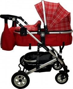 Carucior-nou-nascuti-3-in-1-Baby-Care-PRO-531-geanta-Bebe-Cadru-Aluminiu-Amortizoare-Roti-din-cauciuc-plin-AVE-Landou-Scoica-auto-Spatar-reglabil-3-trepte-Plasa-insecte-Rosu-cu-carouri