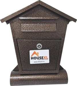 Cutie postala metalica cu 2 chei HouseXL® MailBox, Pentru interior si exterior, Dimensiune 43X36X10 cm, Vopsita in camp electrostatic, Tabla groasa, Model casuta trapezoidala cu suport ziare, Maron lovitura de ciocan