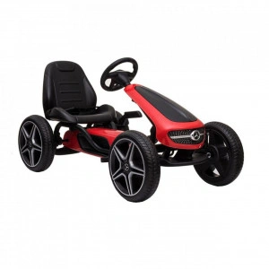 Kart cu pedale pentru copii NOVOKIDS® Mercedes Benz Kart PRO, Cu claxon si melodii, Carena, Structura metalica, Frana de mana, Functie FreeWheel, Scaun Ajustabil, Mers cu spatele, Rosu